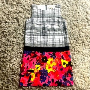 LOFT Sz. 0, Painterly Floral and Pane Drop waist Shift Dress